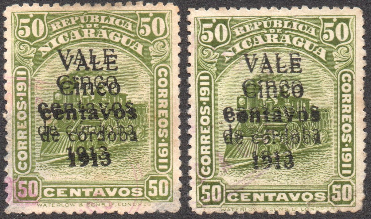 Nicaragua stamps 1913 surcharges Locomotive 5c/50c Surcharge Double